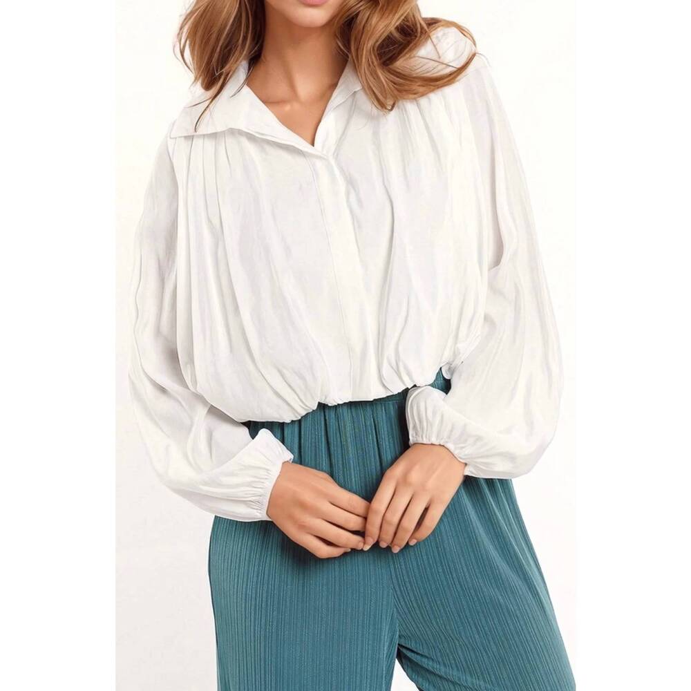 NEW Q2 tencel silk blouse with balloon sleeves in white